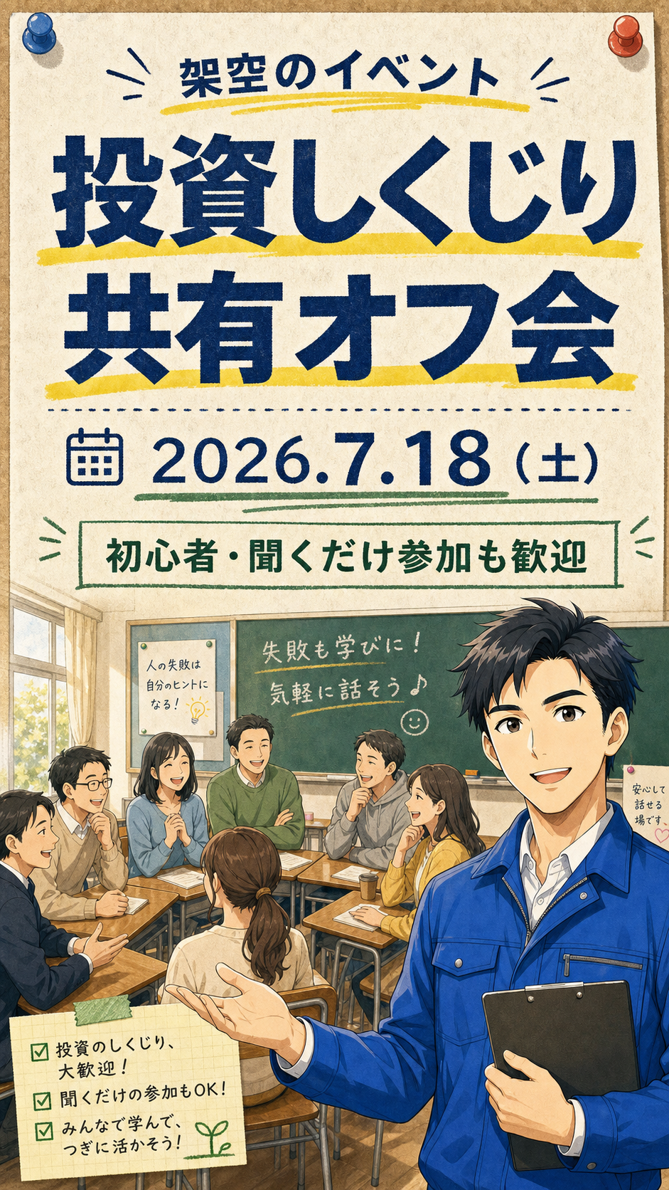 架空のイベント 投資しくじり共有オフ会。青い作業服の案内役と教室で話す参加者たち。