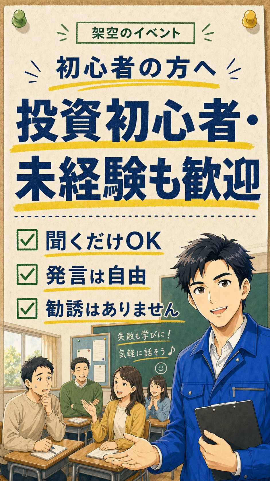 投資初心者・未経験歓迎。聞くだけOK、発言は自由、勧誘はありません。