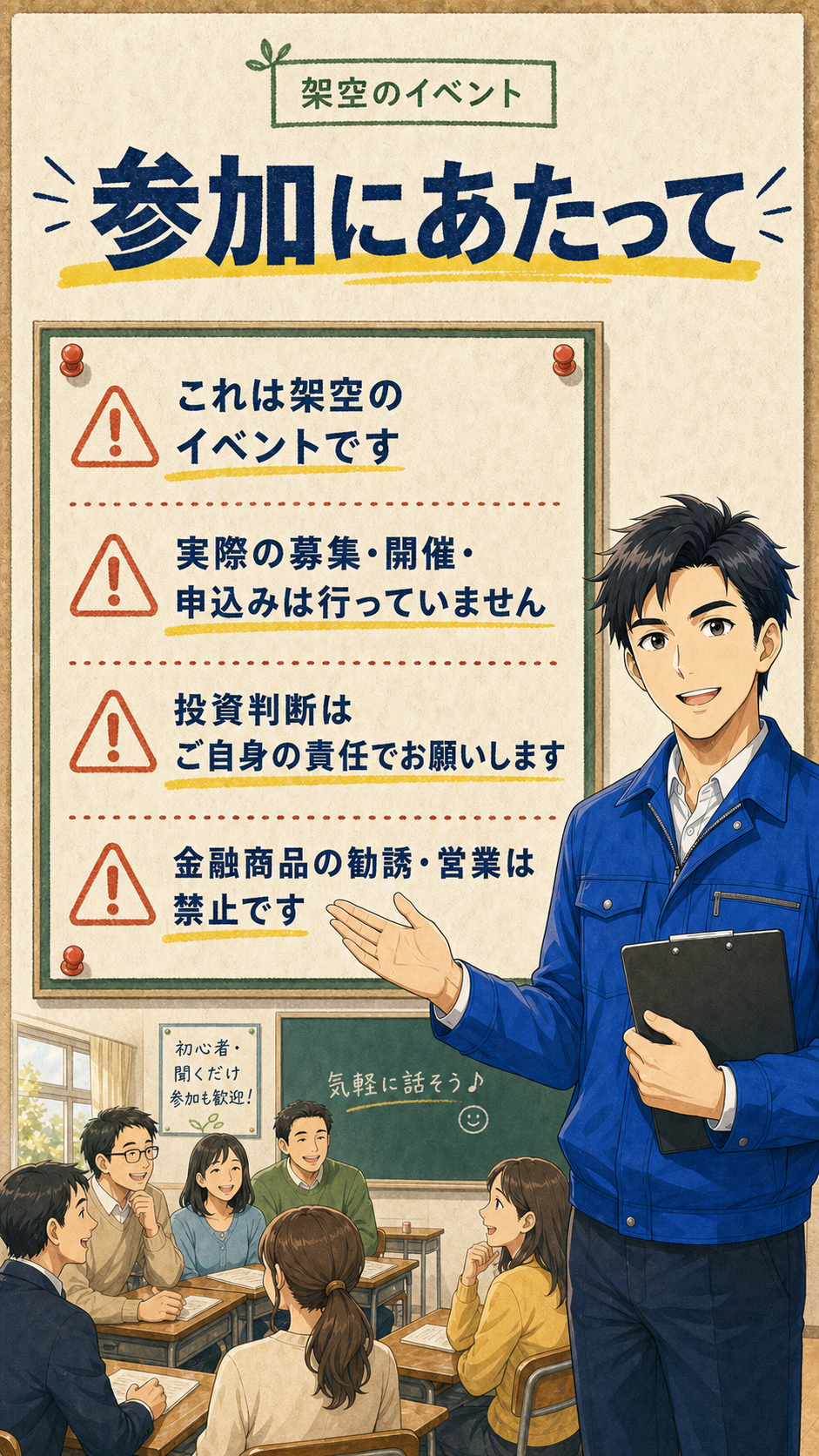 架空イベントであること、投資判断は自己責任、金融商品の勧誘禁止などの注意事項。