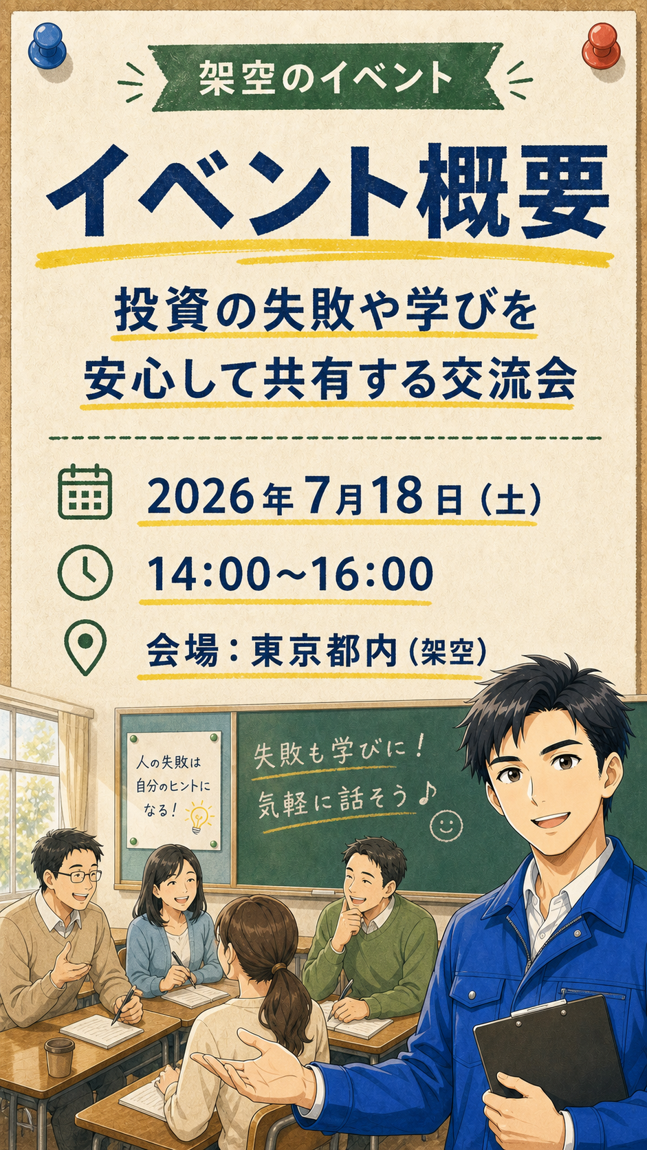 イベント概要。2026年7月18日、東京都内で行う架空の交流会の案内。
